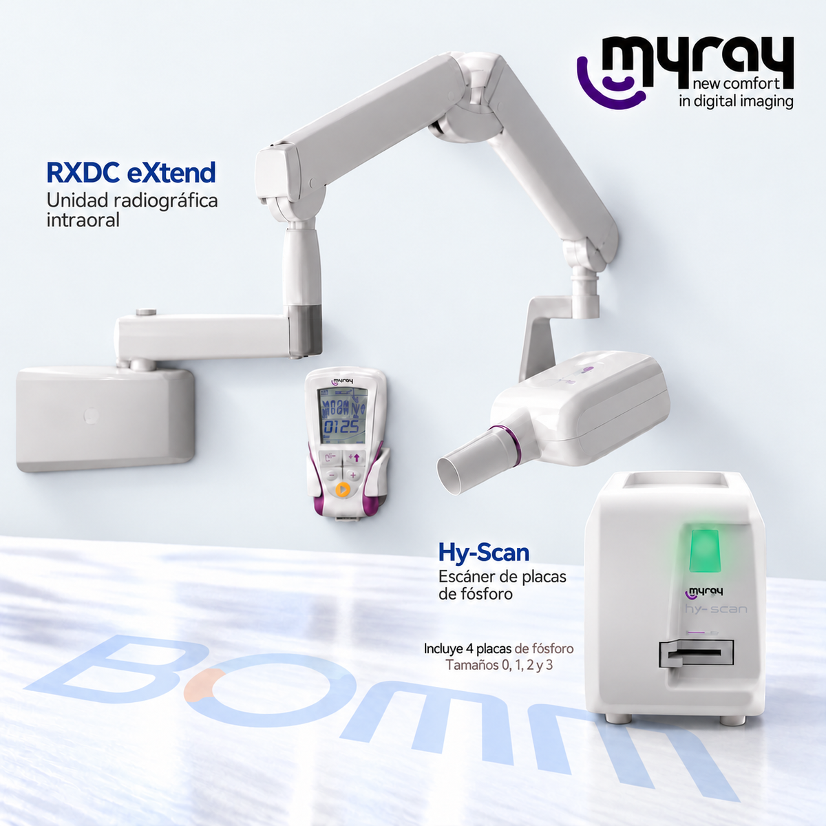 Kit MyRay RXDC eXtend con mando inalámbrico y Hy-Scan, cuatro placas de fósforo y marca BOMM en el piso