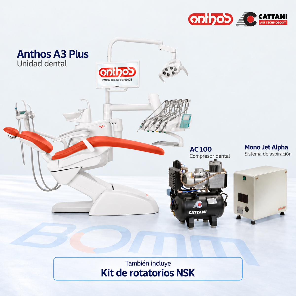 Pack de clínica BOMM: Anthos A3 Plus, compresor Cattani AC 100, Mono Jet Alpha y kit de rotatorios NSK