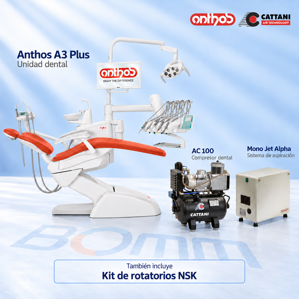 Pack de clínica BOMM: Anthos A3 Plus, compresor Cattani AC 100, Mono Jet Alpha y kit de rotatorios NSK