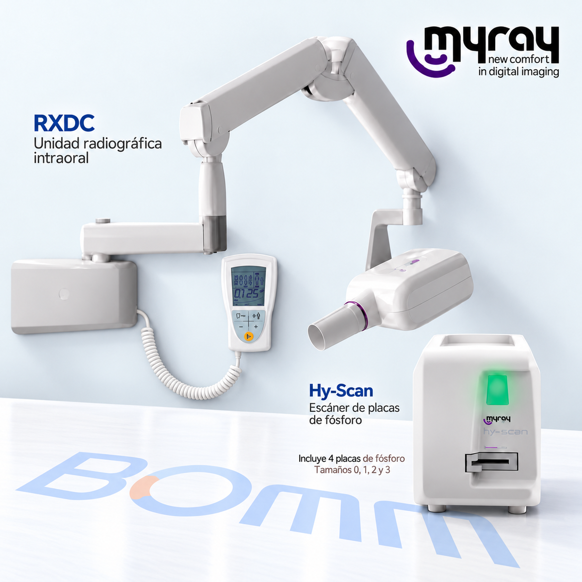 Kit MyRay RXDC de fijación mural con disparador alámbrico y Hy-Scan, incluye cuatro placas de fósforo tamaños 0, 1, 2 y 3