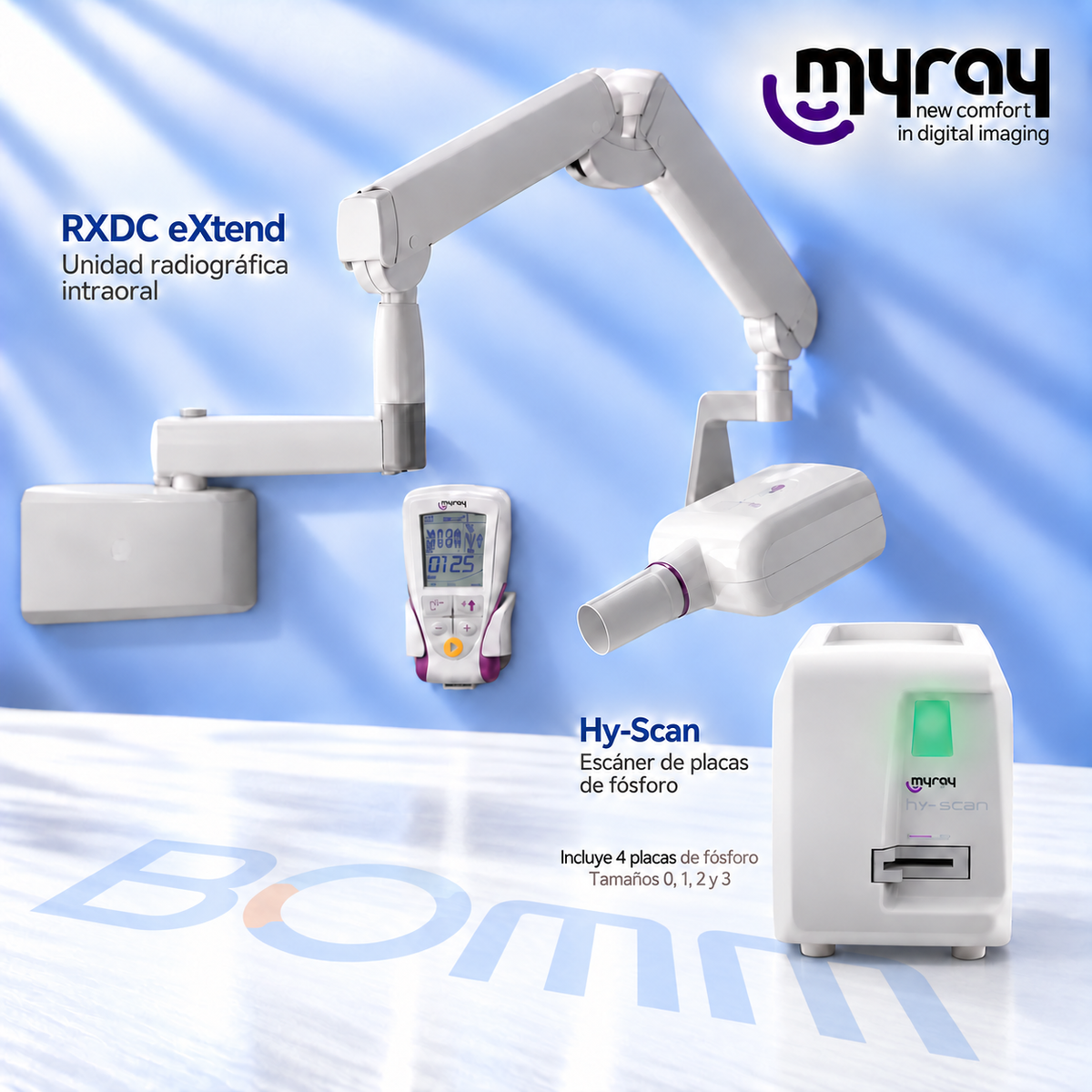 Kit MyRay RXDC eXtend con mando inalámbrico y Hy-Scan, cuatro placas de fósforo y marca BOMM en el piso