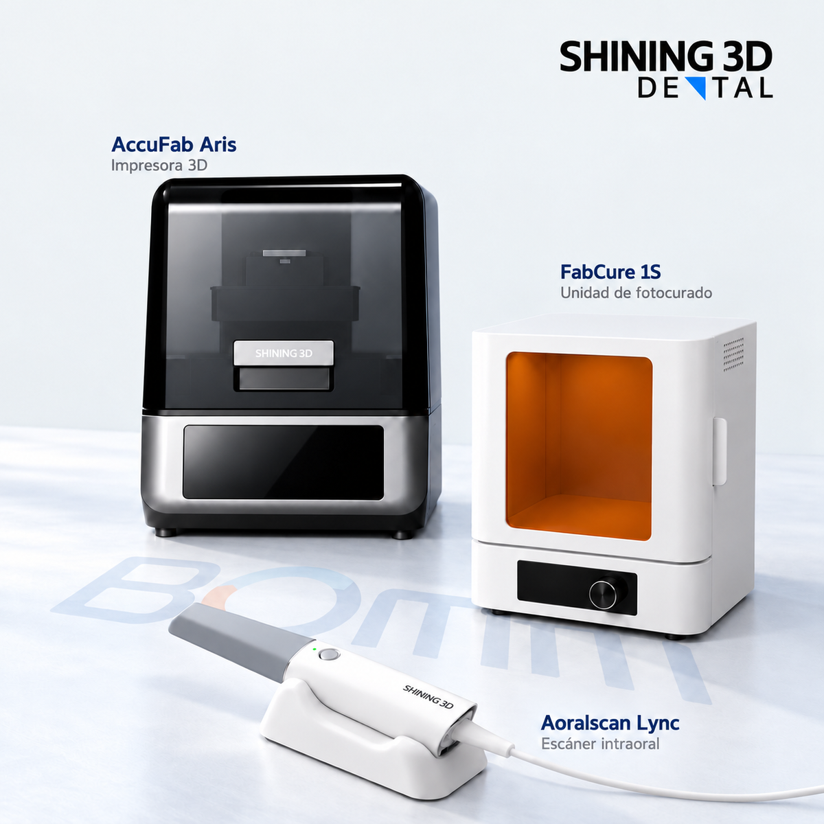 Pack BOMM Shining 3D: escáner Aoralscan Lync, impresora AccuFab Aris y unidad de fotocurado FabCure 1S