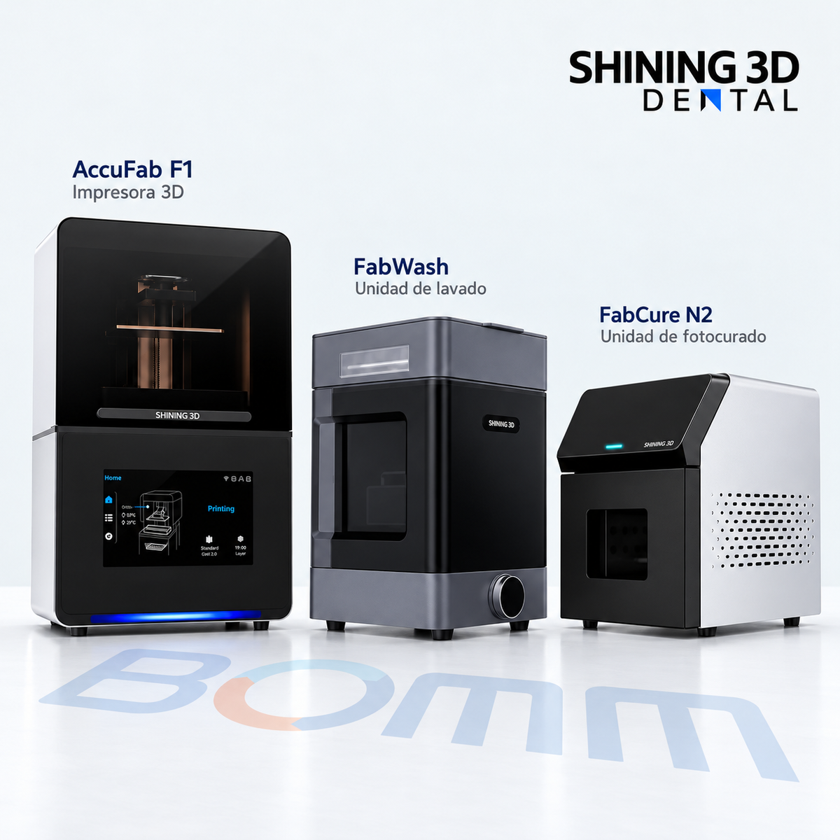 Pack Flujo Digital SHINING 3D con AccuFab F1, FabWash y FabCure N2 sobre mesón clínico.
