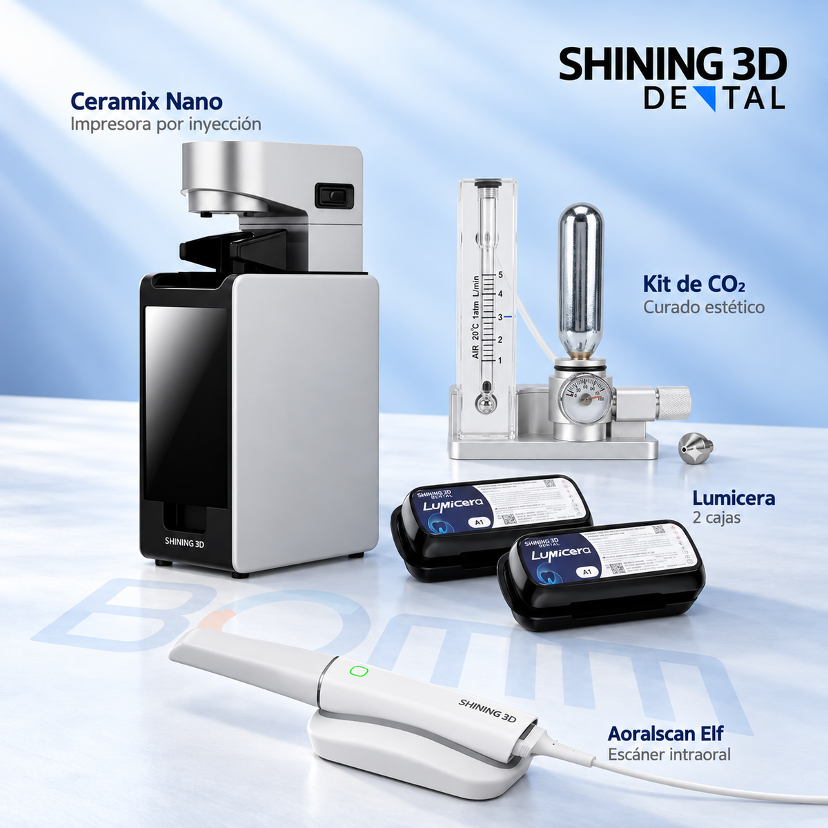 Pack Chairside BOMM: Ceramix Nano, Aoralscan Elf, kit de CO2 y dos cajas Lumicera