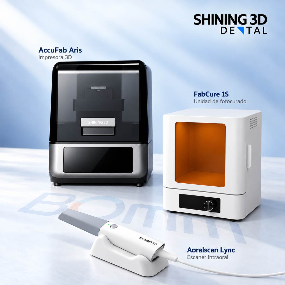Pack BOMM Shining 3D: escáner Aoralscan Lync, impresora AccuFab Aris y unidad de fotocurado FabCure 1S
